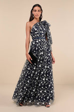 Load image into Gallery viewer, NWOT Whimsical Allure Navy Mesh Embroidered One-Shoulder Maxi Dress L
