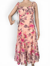 Load image into Gallery viewer, NWOT Lulus Tea Party Chic Pink Floral Print Tie-Strap Tiered Midi Dress M
