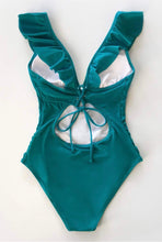 Load image into Gallery viewer, NWT CUPSHE Women's Ruffled One Piece Swimsuit V Neck Lace Up Bright Cyan L
