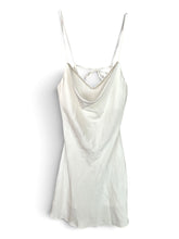 Load image into Gallery viewer, NWOT Lulus Mesmerizing Sweetie White Satin Rhinestone Cowi-Front Mini Dress M
