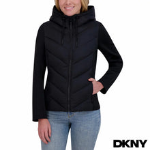 Load image into Gallery viewer, NWT DKNY Women's Hooded Scuba Packable Puffer Coat in black XL
