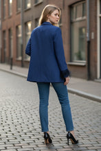 Load image into Gallery viewer, NWT WAYF Women Blue Romee Feather Trim Sleeve Single Breasted Blazer Jacket M
