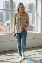 Load image into Gallery viewer, NWT Chaser Lace-Up Cold-Shoulder Ribbed Top in CW7127-WHEAT M

