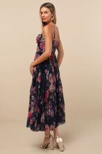 Load image into Gallery viewer, NWOT Lulus Alluring Invite Midnight Blue Floral Pleated Bustier Midi Dress M
