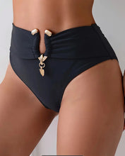 Load image into Gallery viewer, AD 1pc Women&#39;S High-Waisted Bikini Bottoms with Metallic Accents Black M
