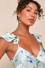 Load image into Gallery viewer, NWOT Lulus Captivating Grace Sage Green Floral Satin Ruffled Maxi Dress L
