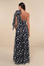 Load image into Gallery viewer, NWOT Whimsical Allure Navy Mesh Embroidered One-Shoulder Maxi Dress L
