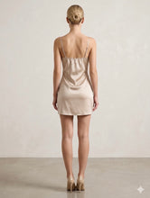 Load image into Gallery viewer, NWT Charmed Hearts Waiting All Night Satin Feather Dress Beige L
