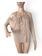 Load image into Gallery viewer, NWT Chaser Lace-Up Cold-Shoulder Ribbed Top in CW7127-WHEAT M
