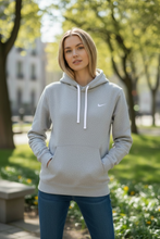 Load image into Gallery viewer, NWT NIKE CLUB WOMEN'S TRAINING PULLOVER HOODIE. Dk Grey Heather/White M
