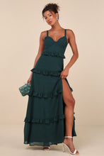 Load image into Gallery viewer, NWOT Lulus Sincerely Poised Emerald Backless Bustier Tiered Maxi Dress L
