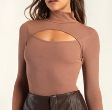 Load image into Gallery viewer, NWT Lulus Flirty Little Secret Toffee Ribbed Mock Neck Cutout Top Size S
