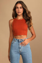 Load image into Gallery viewer, NWT Lulus "Cought Your Eye" Rust Orange Cross-Back Tie-Back Crop Top M
