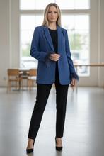 Load image into Gallery viewer, NWT WAYF Women Blue Romee Feather Trim Sleeve Single Breasted Blazer Jacket M
