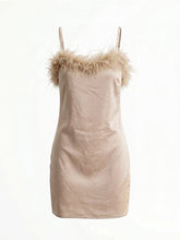 Load image into Gallery viewer, NWT Charmed Hearts Waiting All Night Satin Feather Dress Beige L
