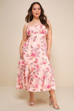 Load image into Gallery viewer, NWOT Lulus Tea Party Chic Pink Floral Print Tie-Strap Tiered Midi Dress M
