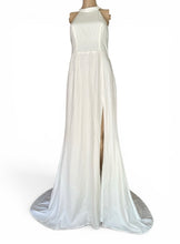 Load image into Gallery viewer, NWOT Radiant Adoration White Satin Lace Backless Halter Maxi Dress S

