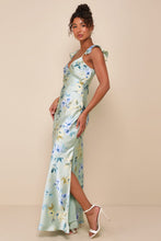Load image into Gallery viewer, NWOT Lulus Captivating Grace Sage Green Floral Satin Ruffled Maxi Dress L
