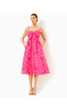 Load image into Gallery viewer, NWT Lilly Pillitzer ELLARA Jacquard Midi Bow Dress, Passion Fuit Pink Leaf 6

