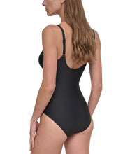 Load image into Gallery viewer, NWT DKNY Crossover Tummy Control Ruched One-Piece Swimsuit Black L
