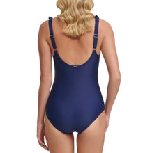 Load image into Gallery viewer, NWT DKNY Women's Swimwear Blue Ruffle Ruched One Piece Size L
