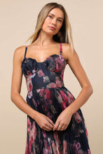 Load image into Gallery viewer, NWOT Lulus Alluring Invite Midnight Blue Floral Pleated Bustier Midi Dress M
