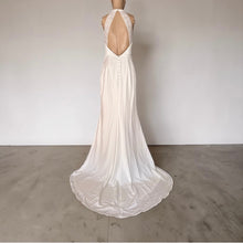 Load image into Gallery viewer, NWOT Radiant Adoration White Satin Lace Backless Halter Maxi Dress S
