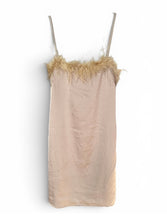 Load image into Gallery viewer, NWT Charmed Hearts Waiting All Night Satin Feather Dress Beige L
