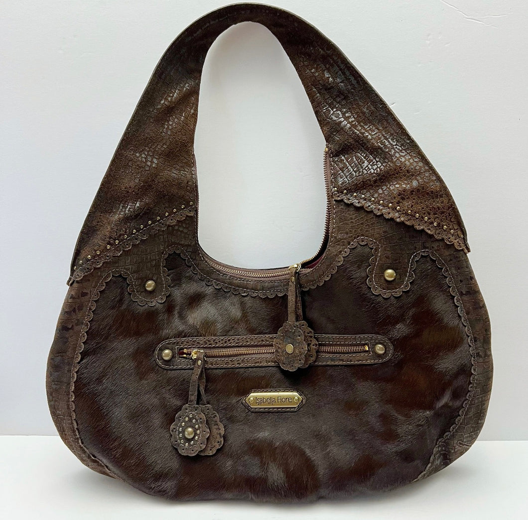 Isabella Fiore Western Studded Leather Calf Hair Large Hobo Shoulder Bag