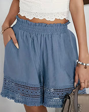 Load image into Gallery viewer, AD Vacation Ready, Women&#39;s Chic Lace-Trimmed Wide-Leg Shorts - Blue Small
