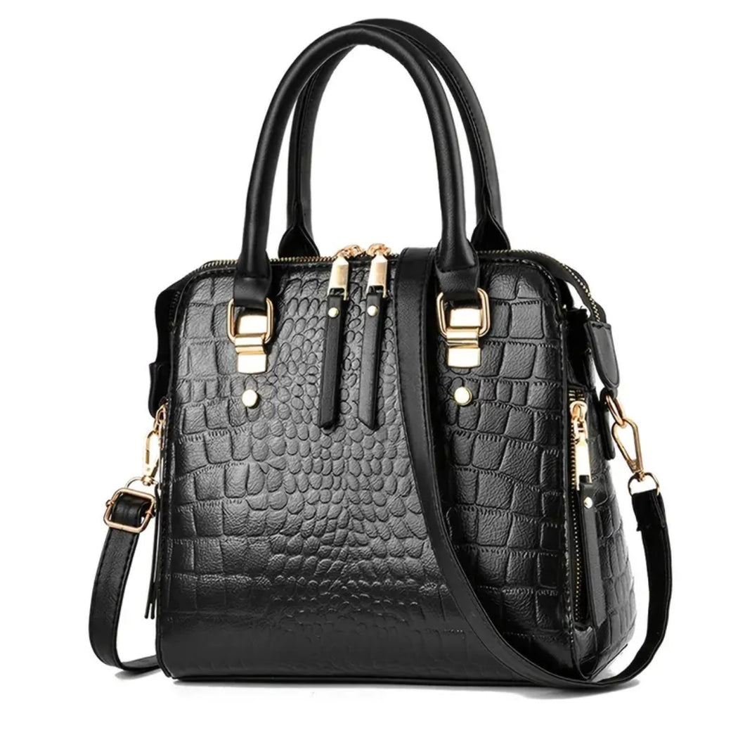 Andrea's Deals Vintage Crocodile Pattern Tote Bag, Convertible Black