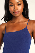 Load image into Gallery viewer, Lulus Take Me Anywhere Cobalt Sparkly Asymmetrical Bodycon Mini Dress S
