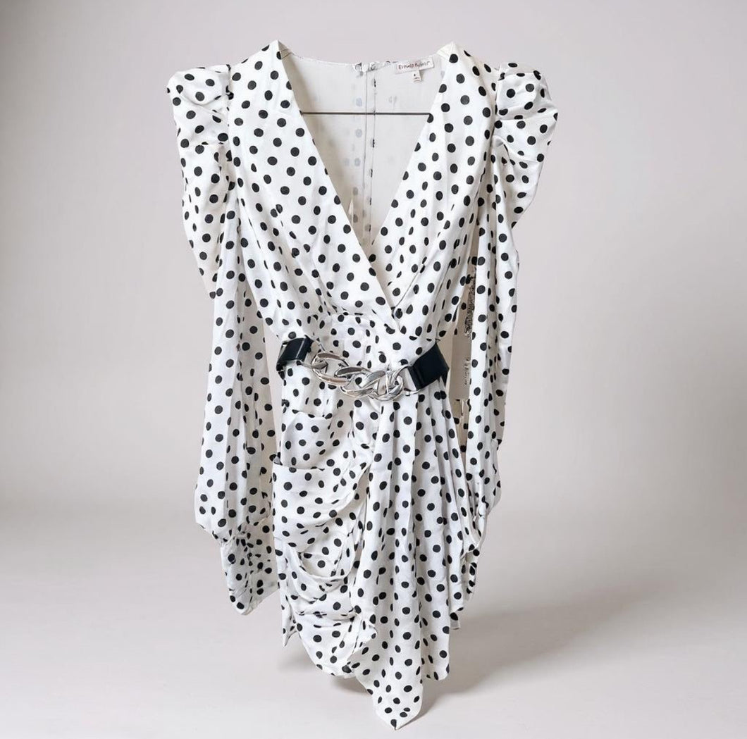 Rosevelvet Polka Dot Ruffle Dress with Belt Midi Dress M