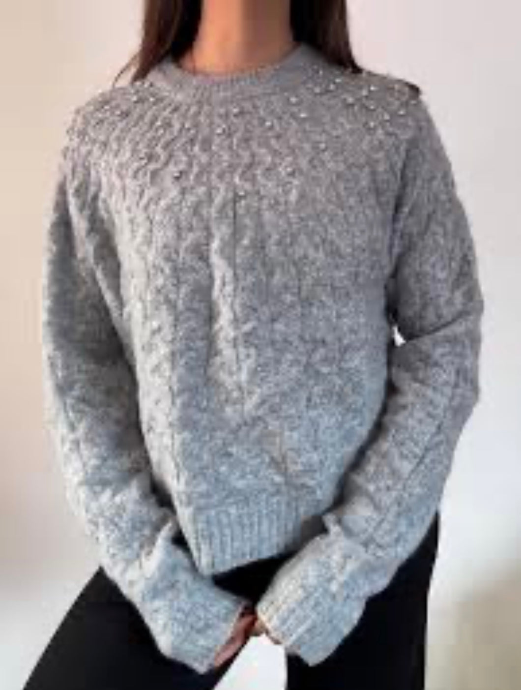 A New Day Gray Cable Knit Sweater with Embellished Beads Accents XS