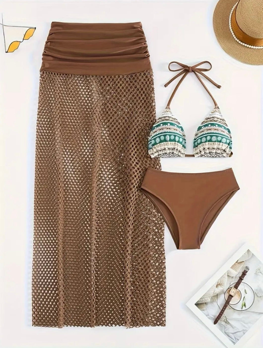 Andrea's Deals Tribal Print 3 Piece Set Bikini, SIZE L