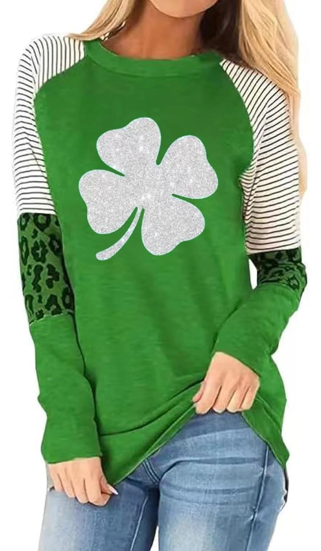 Women's St Patrick's Day T-Shirt Long Sleeve Glitter Lucky Irish Shamrock L