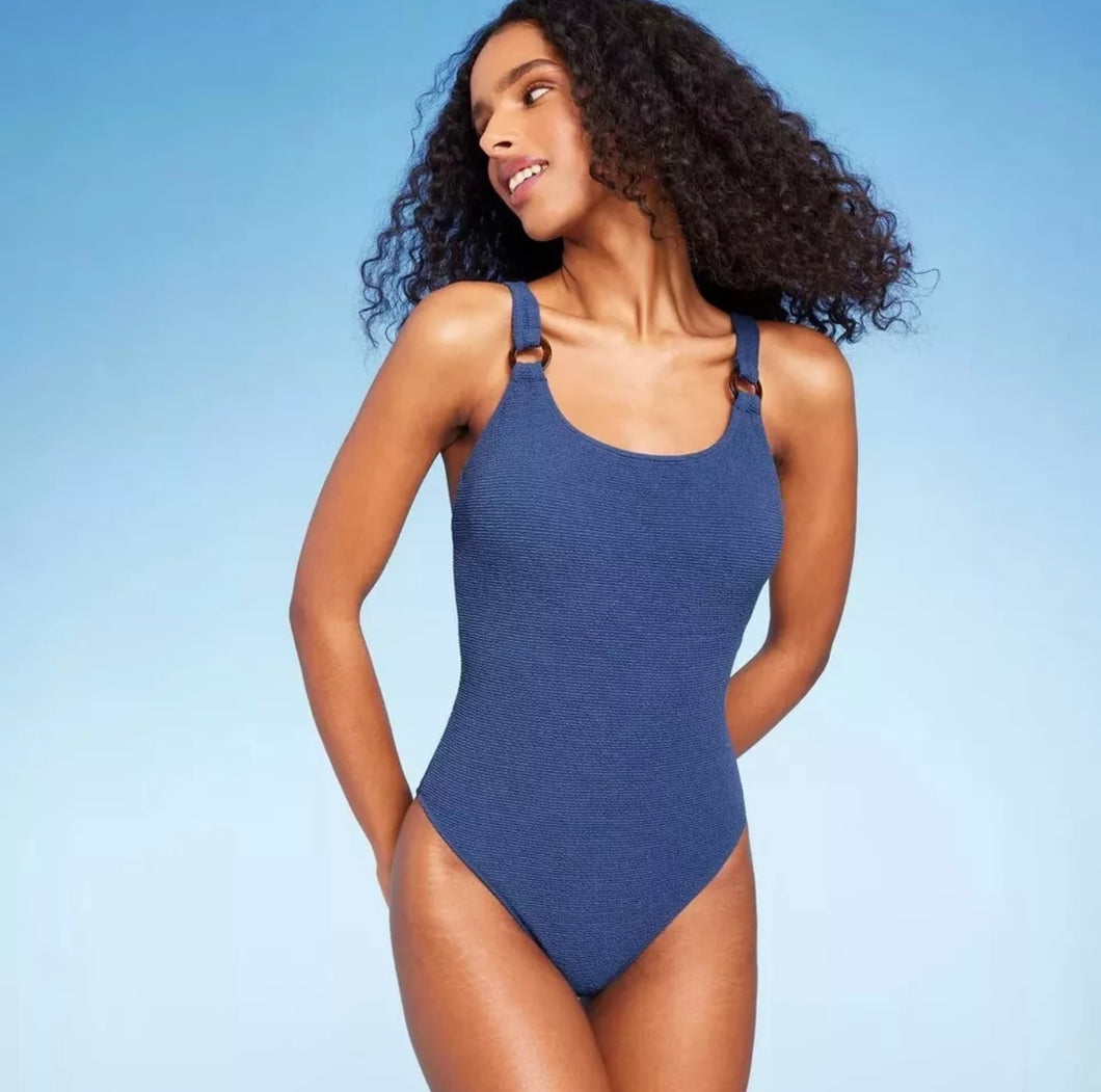 Shade & Shore Square Neck Pucker High Leg One Piece Swimsuit XS (0-2) Blue