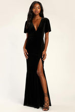 Load image into Gallery viewer, LulusElegant Evenings Black Velvet Flutter Sleeve Trumpet Maxi Dress M
