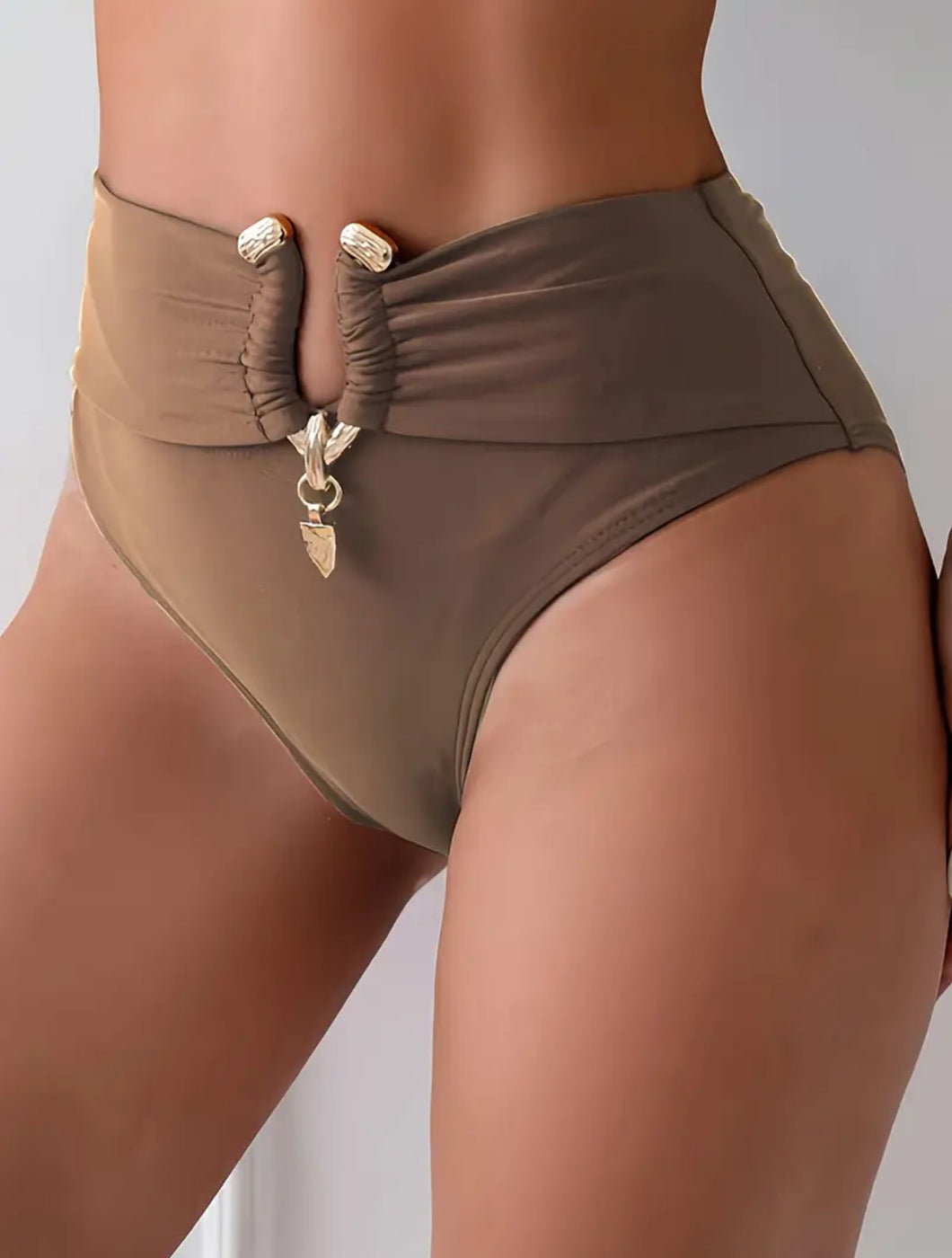 AD 1pc Women'S High-Waisted Bikini Bottoms with Metallic Accents Coffee L