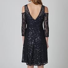 Load image into Gallery viewer, Marina Black Illusion Lace Cocktail Dress With Round Neck and V Back Size 6
