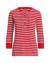 Load image into Gallery viewer, LAUREN RALPH LAUREN Striped Waffle-Knit Drawcord Top Red L
