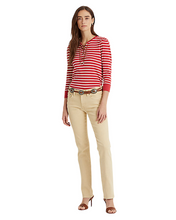 Load image into Gallery viewer, LAUREN RALPH LAUREN Striped Waffle-Knit Drawcord Top Red L
