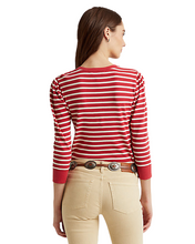 Load image into Gallery viewer, LAUREN RALPH LAUREN Striped Waffle-Knit Drawcord Top Red L
