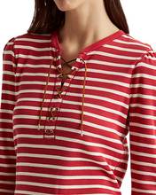 Load image into Gallery viewer, LAUREN RALPH LAUREN Striped Waffle-Knit Drawcord Top Red L
