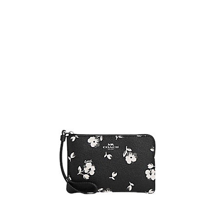 Coach Pop Floral Print Wristlet Corner Zip Black