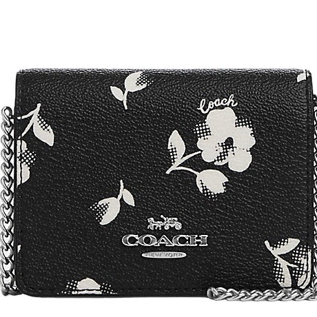 Coach Mini Wallet on a Chain with floral Print Silver Black Multi