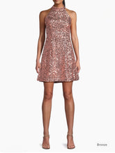 Load image into Gallery viewer, Liv Foster Sequined Short A-Line Cocktail Halter Dress in Bronze 2
