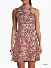 Load image into Gallery viewer, Liv Foster Sequined Short A-Line Cocktail Halter Dress in Bronze 2
