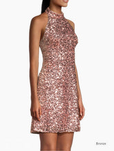 Load image into Gallery viewer, Liv Foster Sequined Short A-Line Cocktail Halter Dress in Bronze 2
