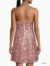 Load image into Gallery viewer, Liv Foster Sequined Short A-Line Cocktail Halter Dress in Bronze 2
